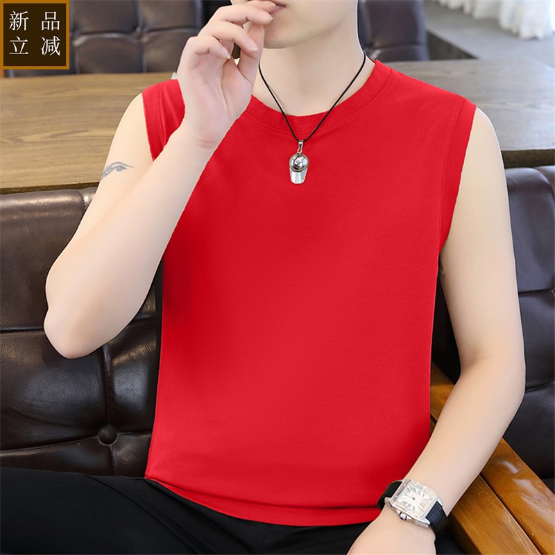 本命年红色背心男士夏季时尚潮流百搭休闲坎肩丝光棉无袖T恤上衣