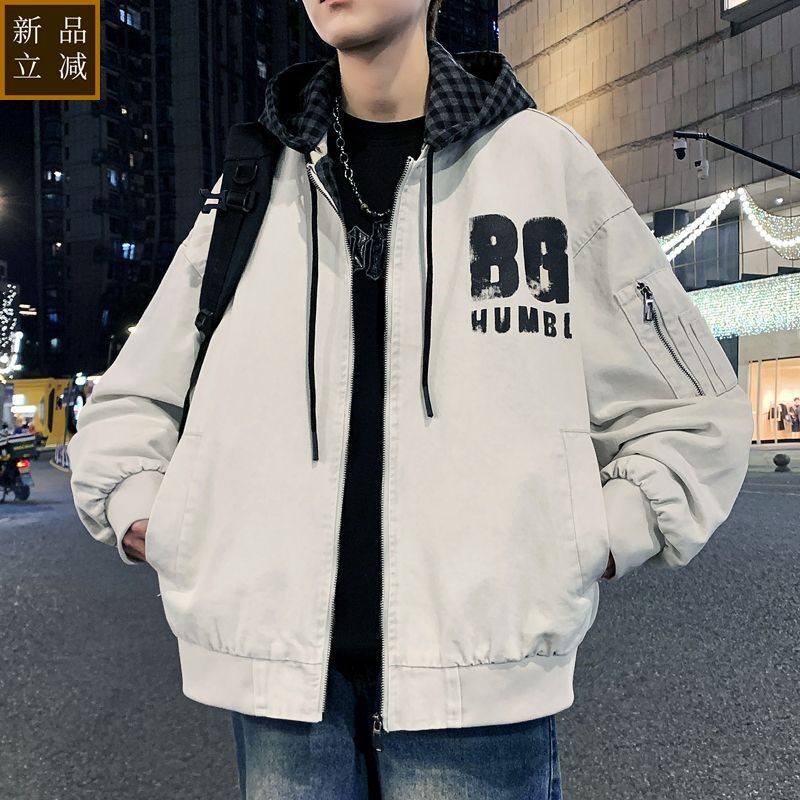 品质春秋季男生棒球领可脱卸帽夹克外套时尚百搭潮流宽松刺绣夹克