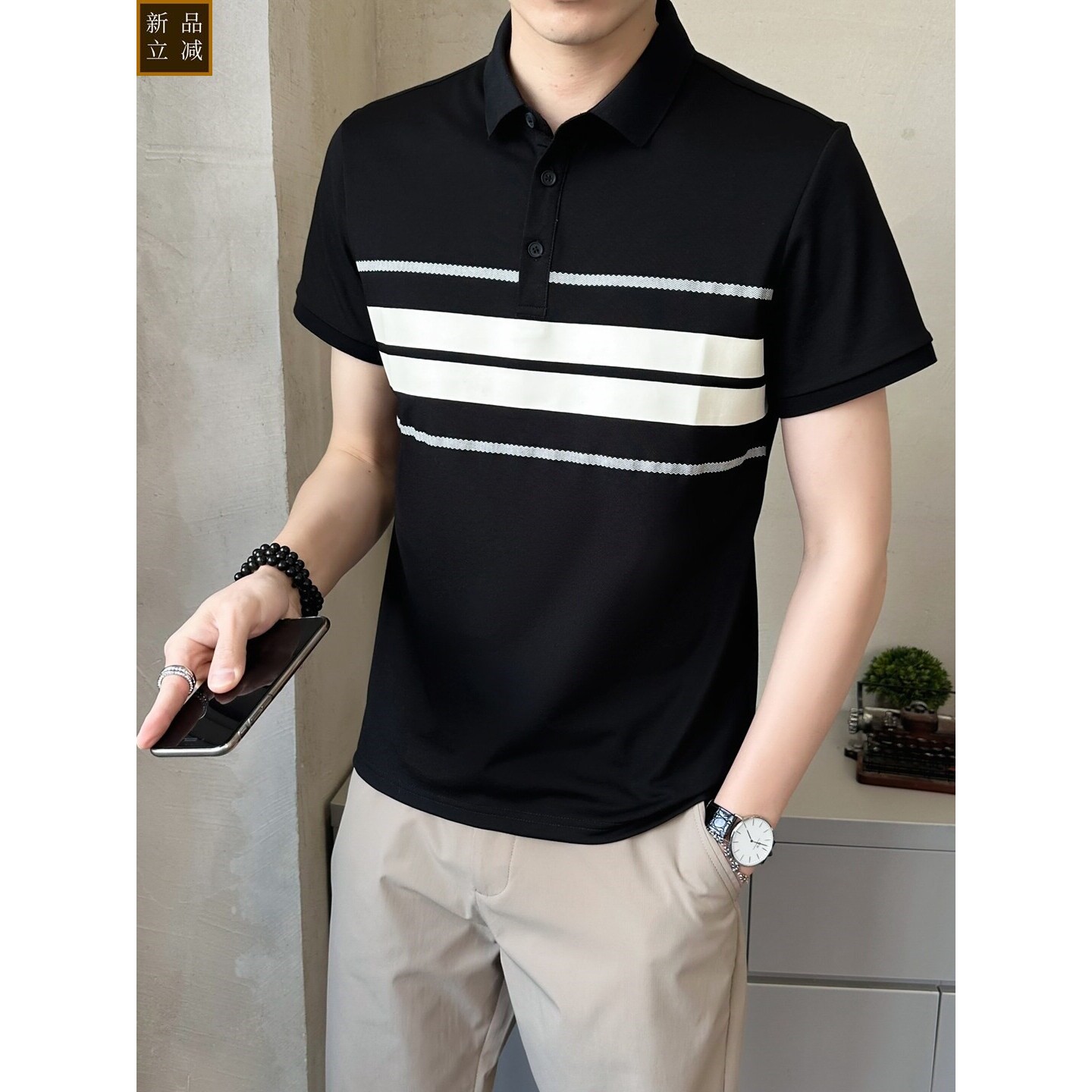 套装男2026新款polo衫男短袖t恤夏季修身冰丝西裤商务高端两件套