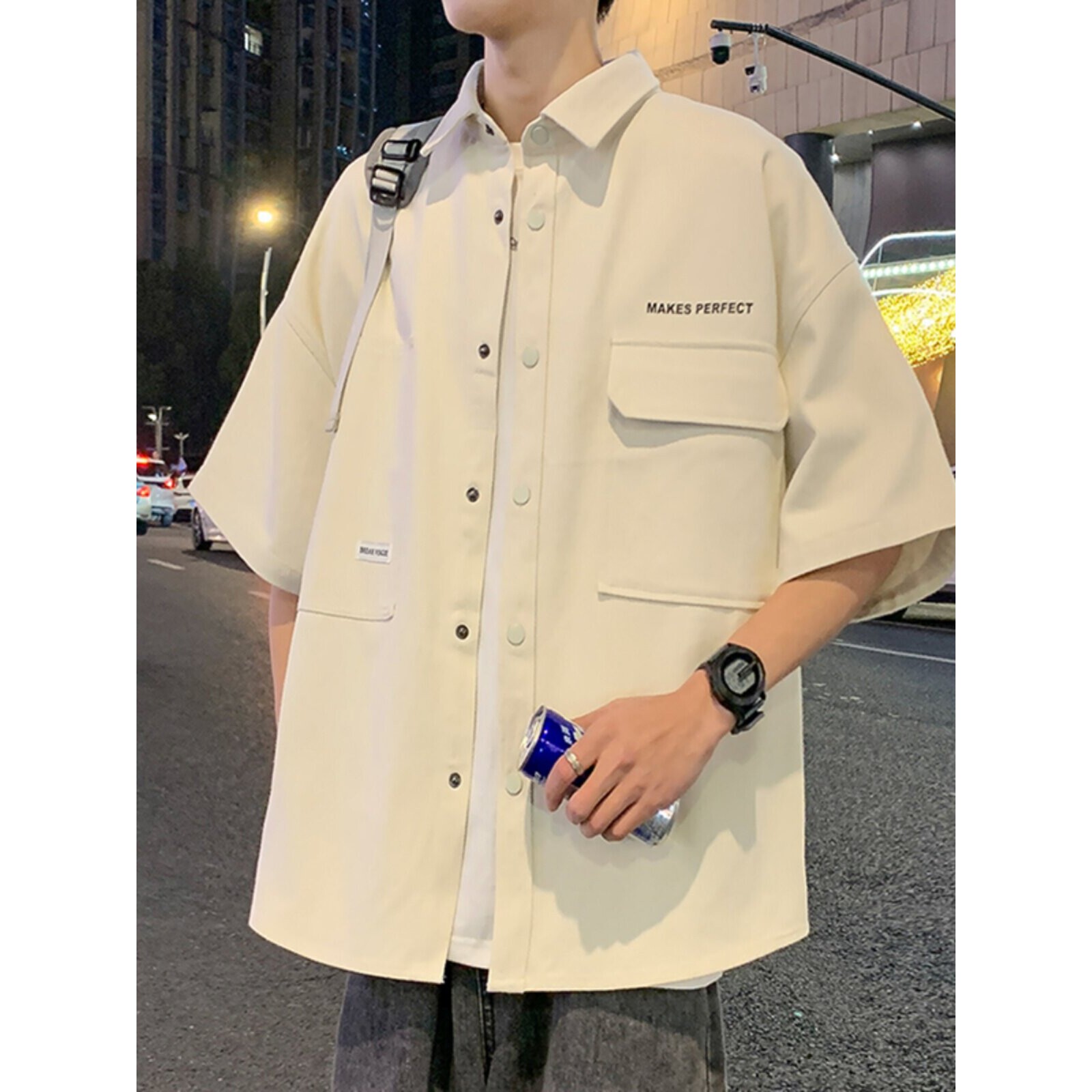 高级感工装衬衫男短袖夏季冰丝半袖衬衣男青少年港风宽松百搭上衣