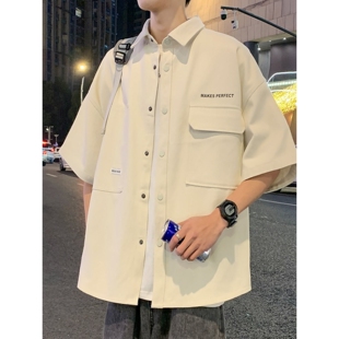 高级感工装衬衫男短袖夏季冰丝半袖衬衣男青少年港风宽松百搭上衣