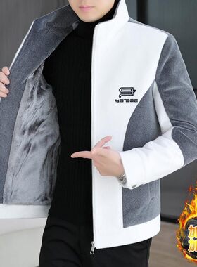 品质加绒加厚立领呢子夹克男青年修身刺绣水貂绒保暖外套帅气百搭