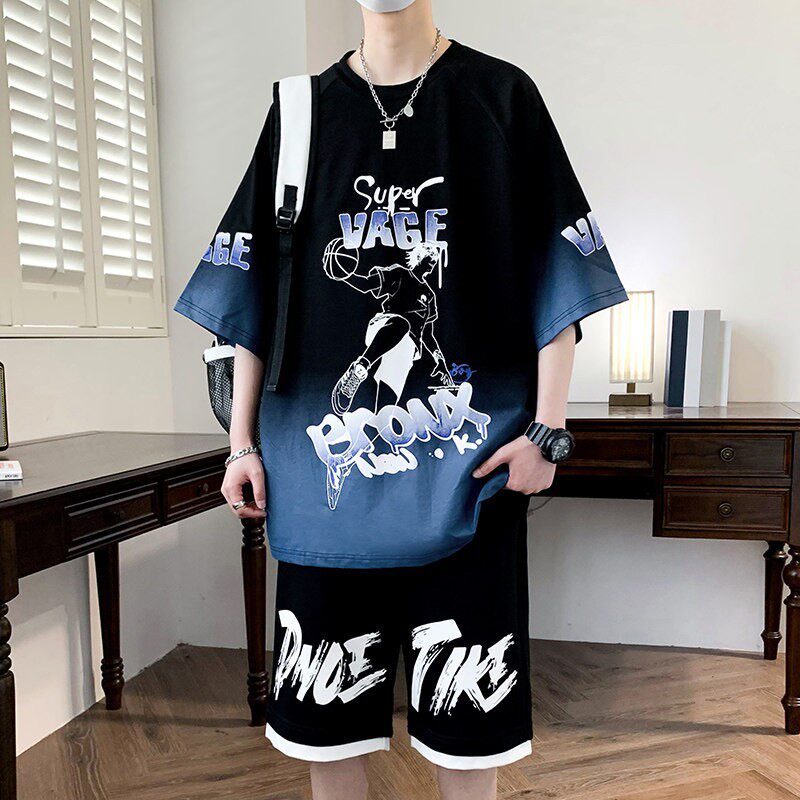 初中高中学生帅气夏装大童纯棉运动服一套青少年短袖t恤套装男孩