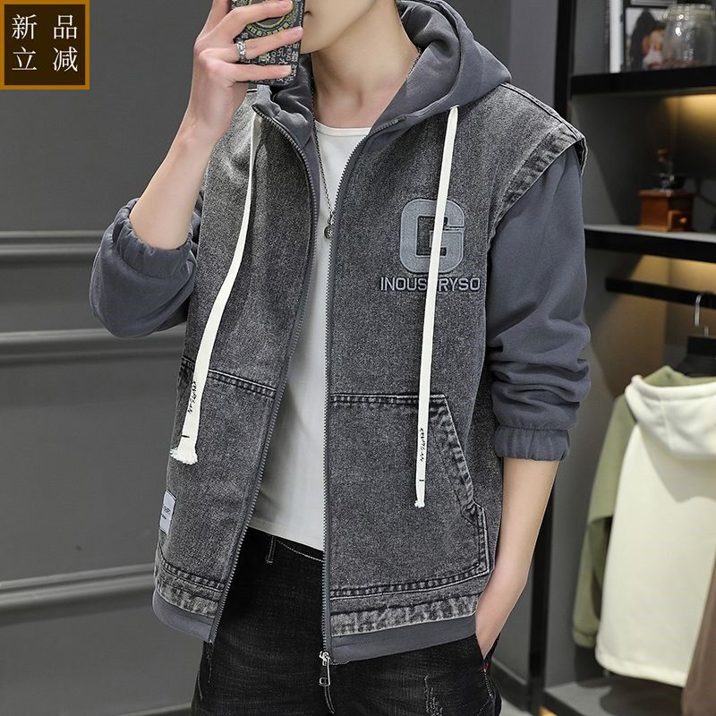 假两件拼接牛仔夹克男学生2023春秋卫衣潮牌宽松连帽休闲帅气外套