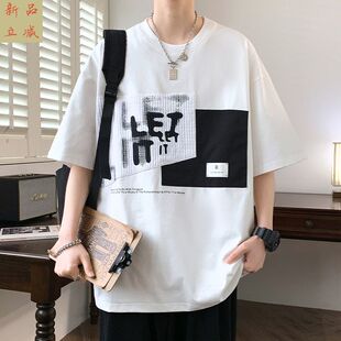 短袖男潮牌潮流个性拼接五分半袖男生夏季新款圆领宽松t恤上衣服
