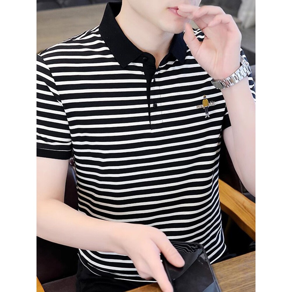 条纹衬衫男士短袖polo衫纯棉修身冰丝t恤夏季潮牌ins长袖衬衣潮流