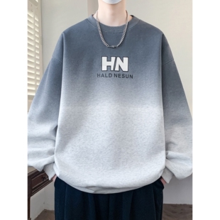 t恤青少年帅气打底衫 宽松刺绣长袖 上衣 春秋季 渐变色圆领卫衣男款