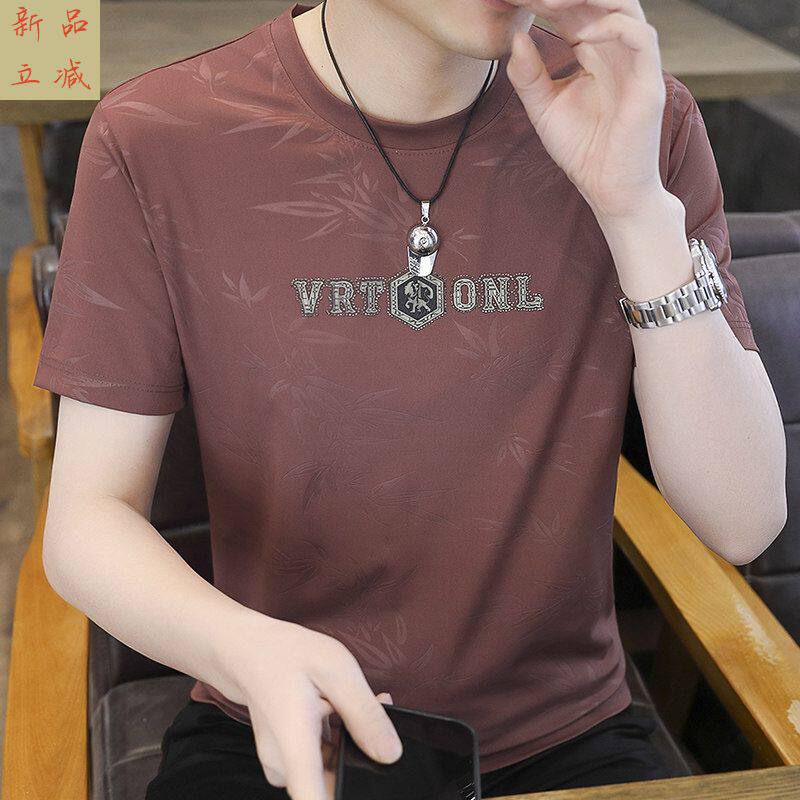 高端大牌暗花t恤男人短袖夏季时尚潮流烫钻冰丝圆领体恤半袖上衣