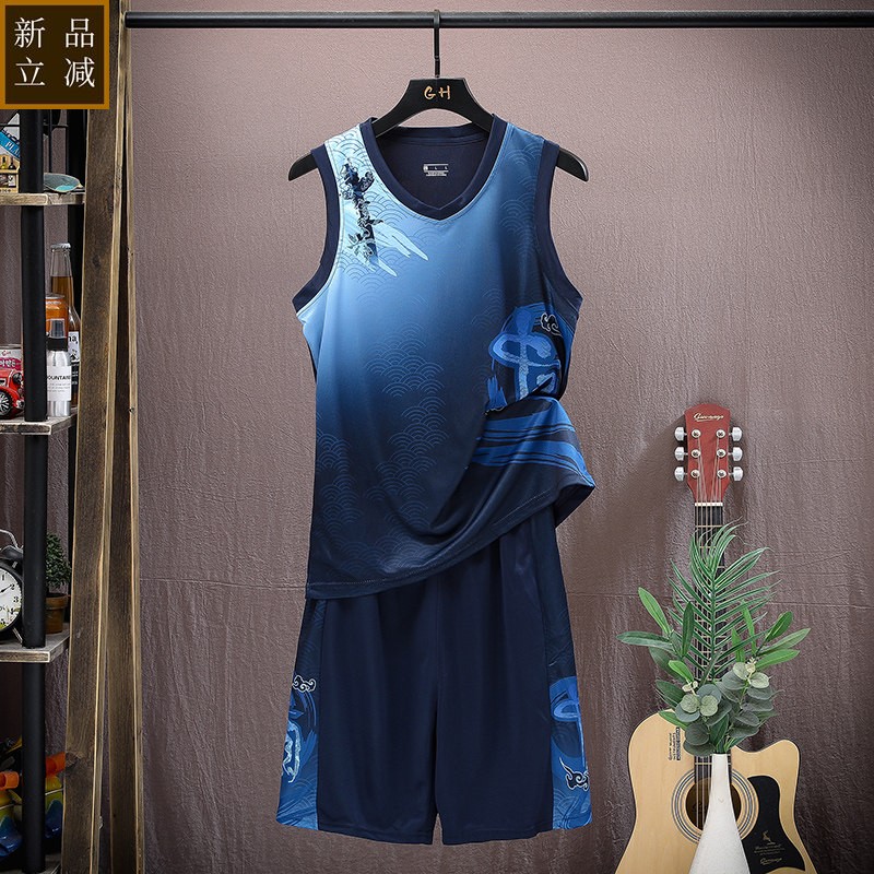 篮球服背心印字短裤套装男款高中生运动睡衣冰丝晨跑健身家居服