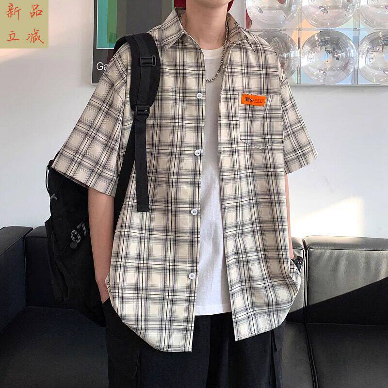男士夏季港风宽松大码半袖外套男装韩版潮流衬衣纯棉格子短袖衬衫