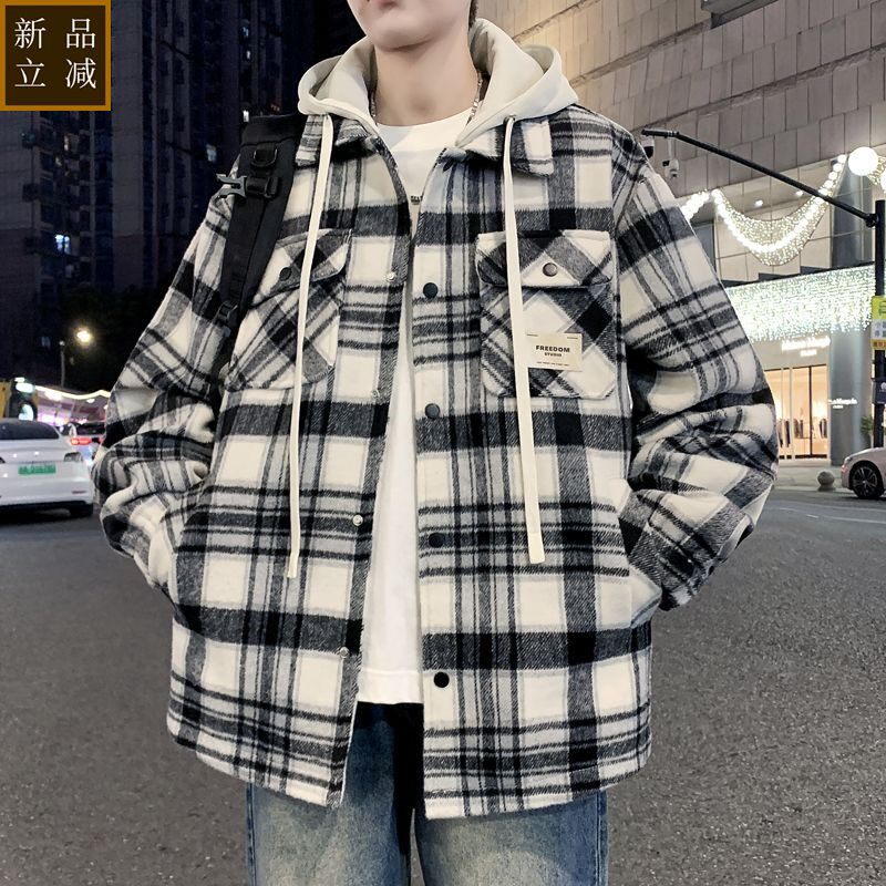 品质春秋季2026潮牌连帽新款格子外套男款宽松春上青少年休闲夹克