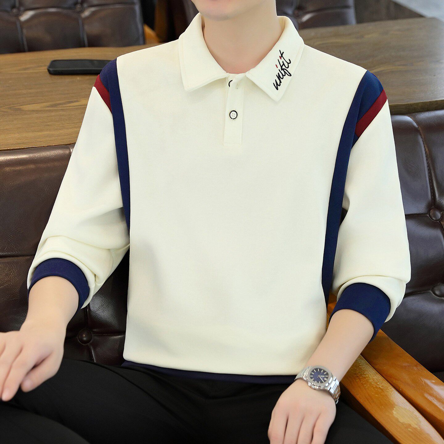 春秋季男士长袖t恤冬季2026潮流休闲拼色帅气翻领Polo衫男打底衫