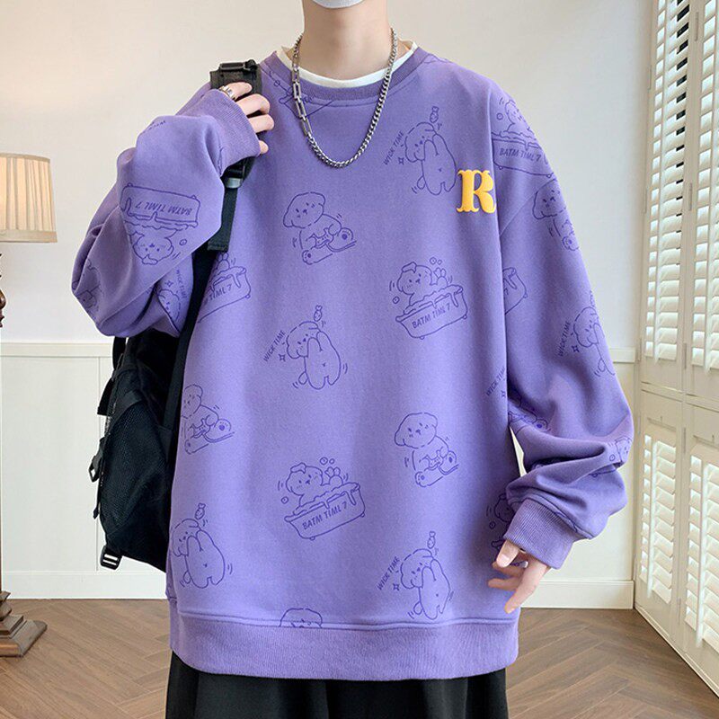 重磅卫衣男夏季新款卡通印花长袖t恤男士春秋款圆领宽松休闲上衣