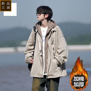 品质加棉加厚潮男港风时尚ins连帽外贸假两件青春潮流夹克外套