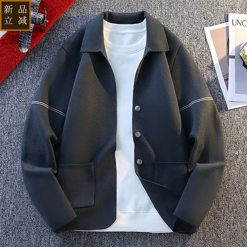 品质纯色翻领针织开衫男士宽松高品质毛衣外套秋冬季毛线衣男款夹