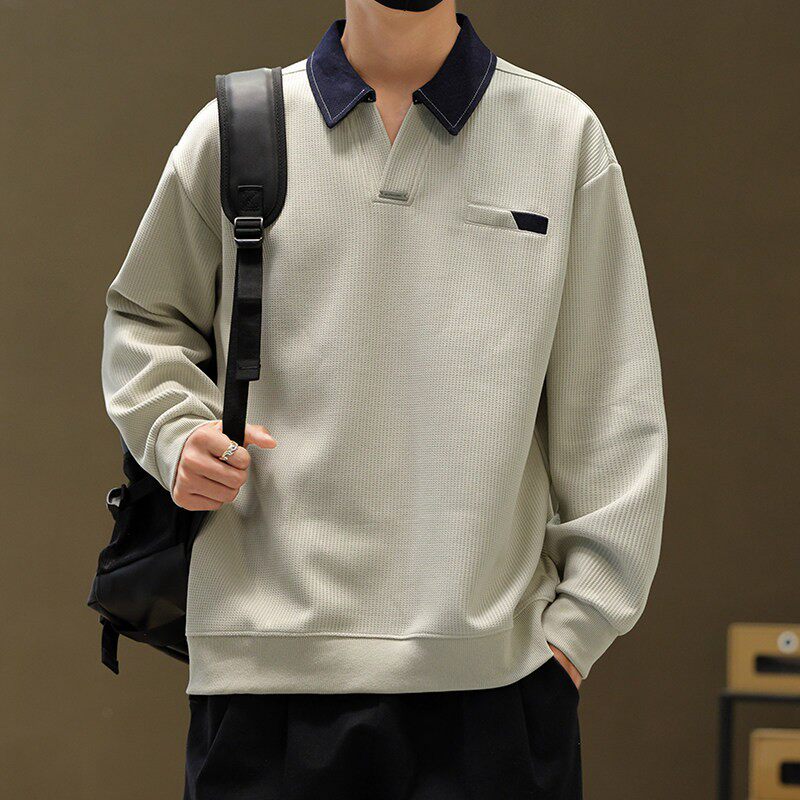 秋冬季POLO衫男卫衣撞色翻领男士美式复古潮牌长袖T恤重磅v领秋装