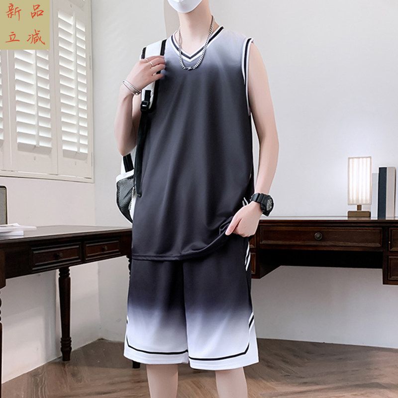 夏季冰丝运动套装男青少年无袖t恤学生夏装训练大码速干篮球衣服