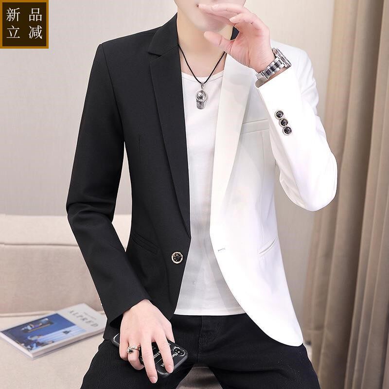品质男士修身拼色黑白西服男春季韩版潮流休闲青年小西装英伦休闲