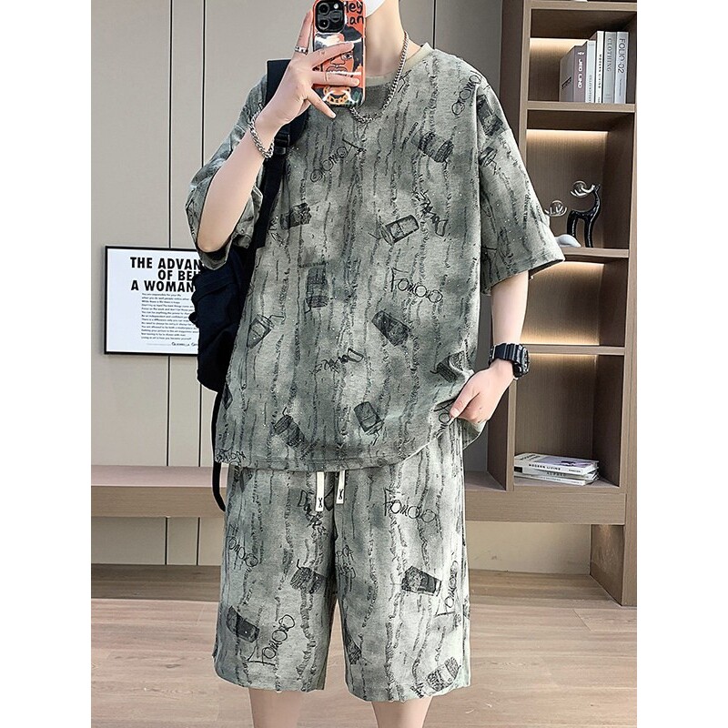 男士休闲运动套装夏季冰丝棉速干薄款短袖短裤两件套男装一套搭配