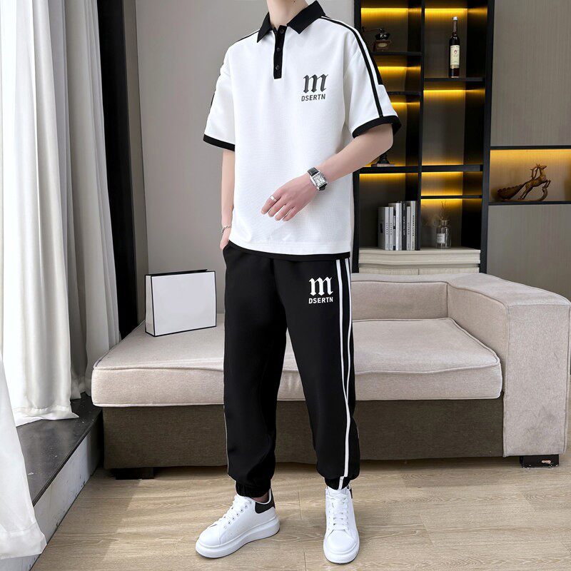 polo衫短袖套装男夏季冰丝休闲运动男装搭配一套帅气男生夏天衣服