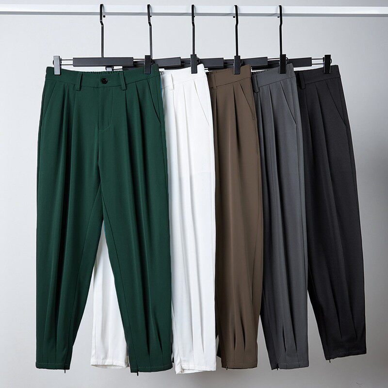 冰丝休闲裤男薄款夏季2025新款垂感拉链束脚裤九分休闲小西装裤子