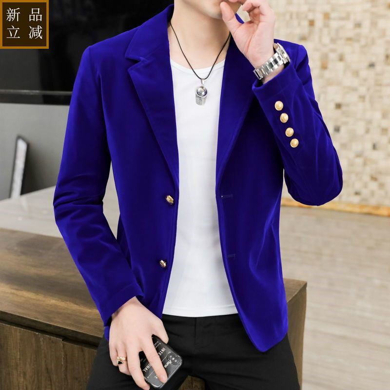品质青年小西装男韩版潮流修身春秋款休闲西服金丝绒外套百搭男装