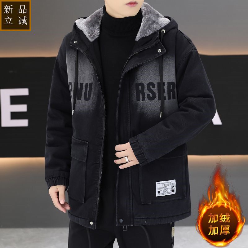 品质牛仔外套男秋冬新款韩板青少年加绒连帽工装夹克潮流百搭休闲