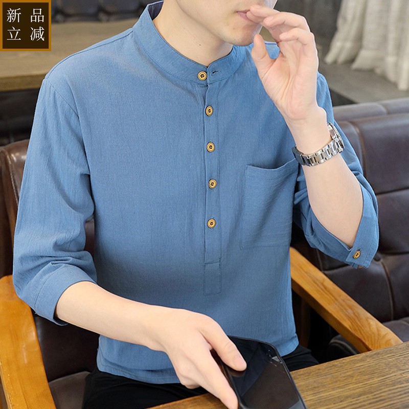 纯棉七分袖t恤男士夏季薄款潮流立领短袖男款中国风男装亚麻半袖