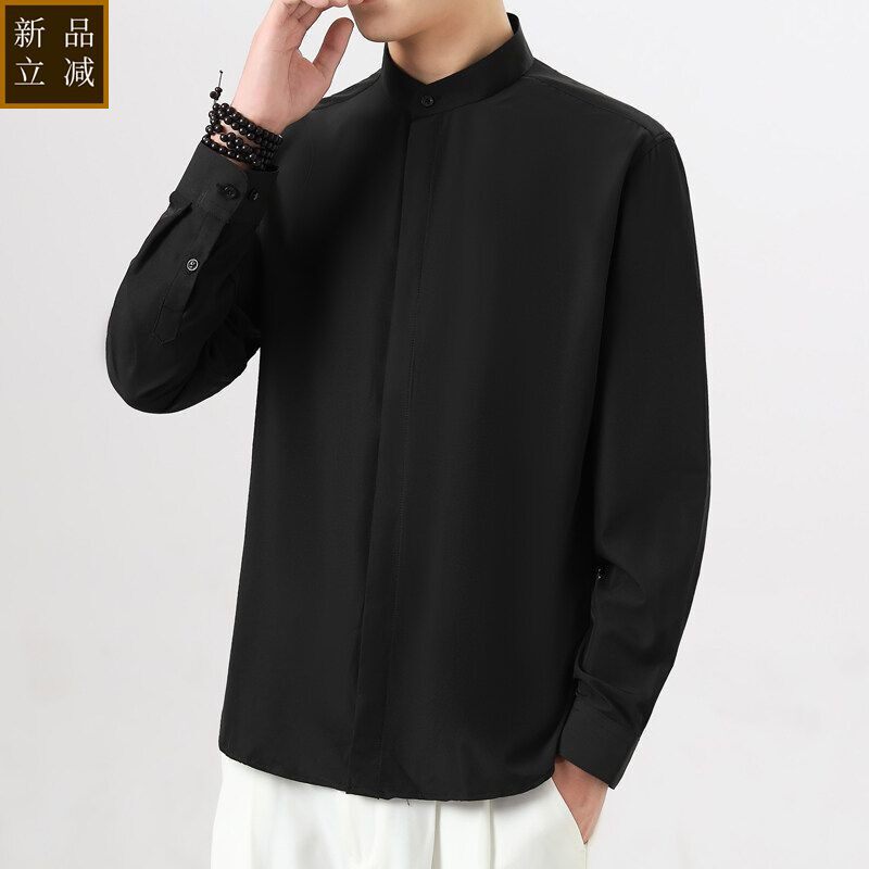 品质春秋季男士大码中式立领衬衣免烫休闲长袖寸衫潮流新款国风衬