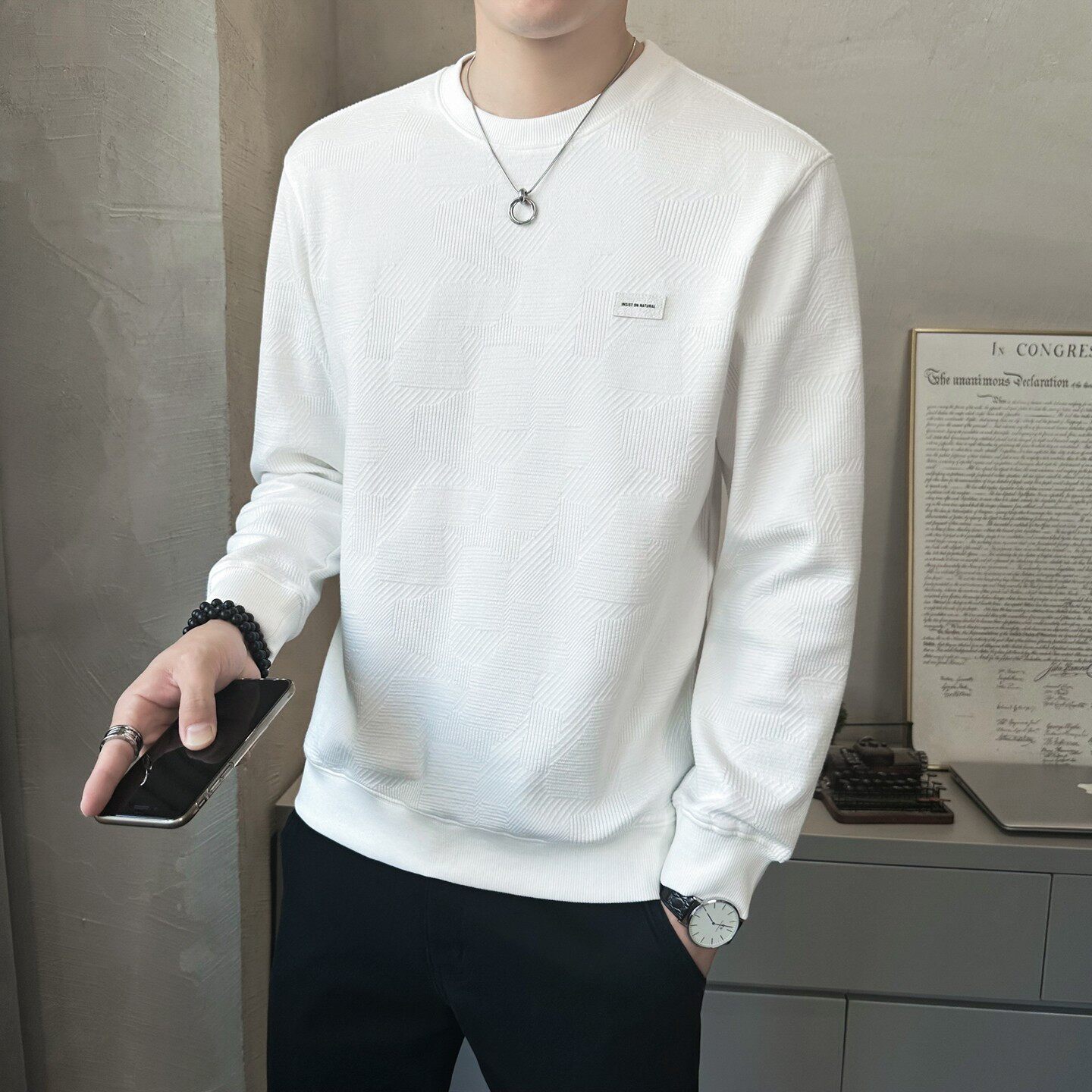 高端提花卫衣男士落肩款宽松打底衫春季2026新款潮牌圆领长袖T恤