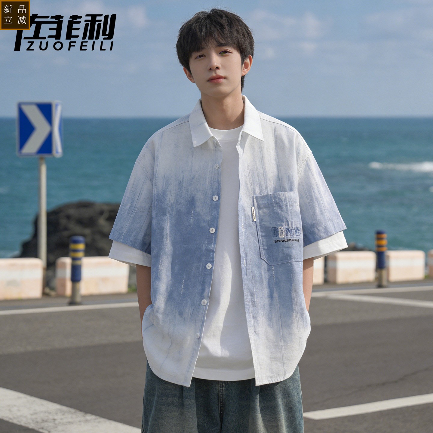 纯棉短袖衬衫男夏季休闲宽松渐变衬衣男青少年潮流刺绣夏天薄外套