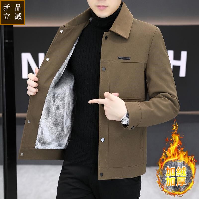 品质加绒加厚翻领呢子夹克男韩版修身保暖工装毛呢外套青年帅气褂