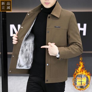 品质加绒加厚翻领呢子夹克男韩版修身保暖工装毛呢外套青年帅气褂