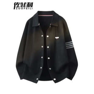 针织开衫外套男春秋季新款美式风撞色褂子青少年单排扣翻领夹克男