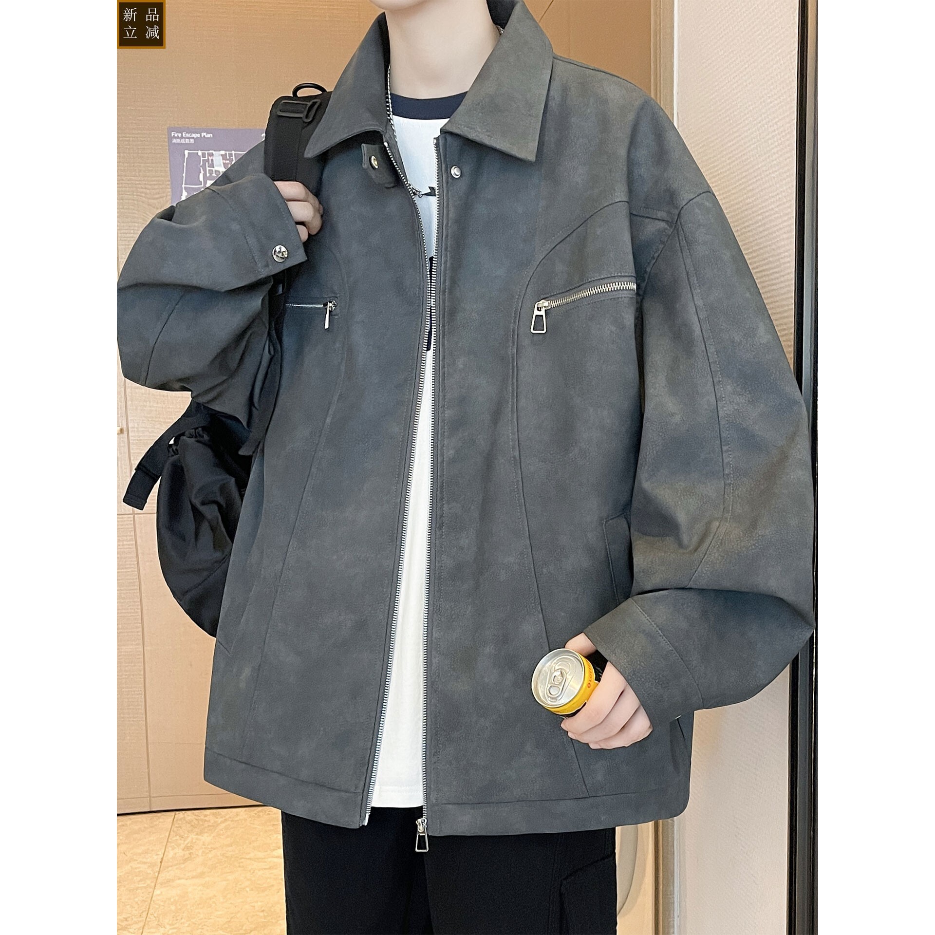 翻领皮衣外套男2026新款廓形机车夹克男潮牌春秋季美式复古上衣服
