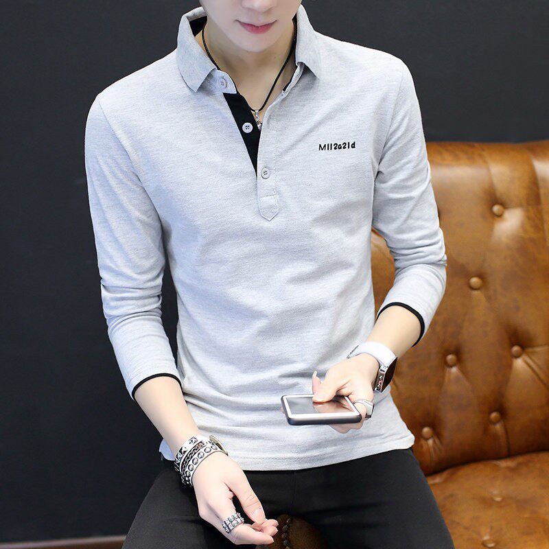 纯棉polo衫男士翻领长袖t恤春秋季新款修身衬衫带领男装上衣服潮