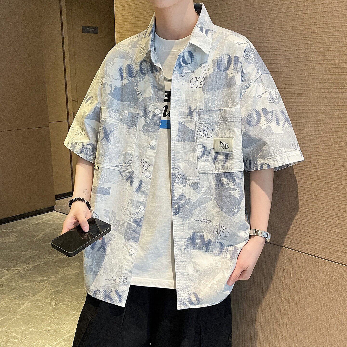 字母印花短袖衬衫男青少年夏季薄款宽松透气痞帅初高中生纯棉上衣