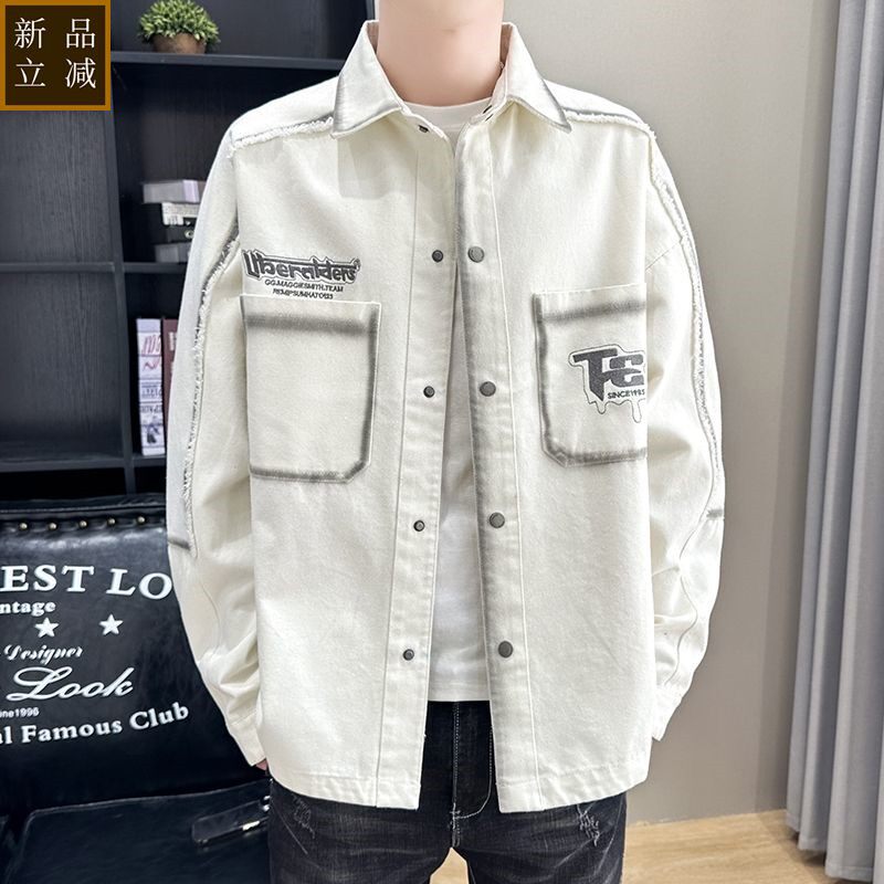 品质牛仔衬衫男春秋季青少年薄款翻领夹克衫潮流宽松学生痞帅衬衣