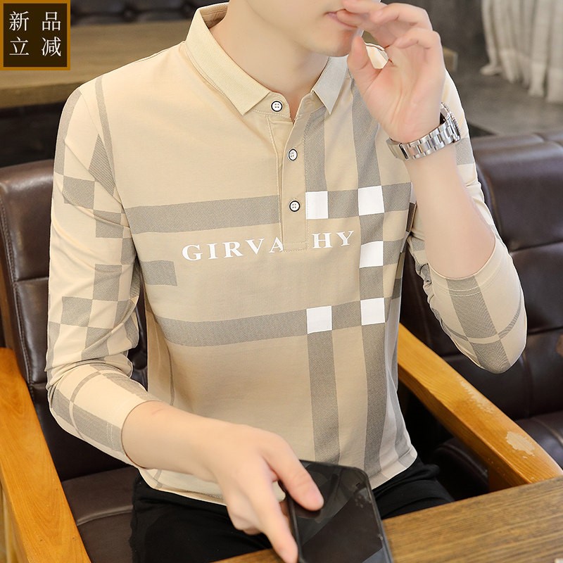 纯棉爸爸长袖t恤男士中青年修身翻领上衣服格子polo衫衬衫领衣服
