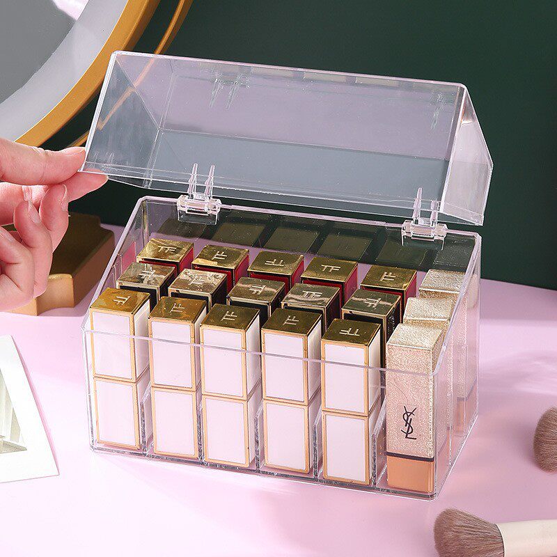 口红收纳盒防尘桌面装化妆品指甲油带盖透明亚克力唇釉口红置物架