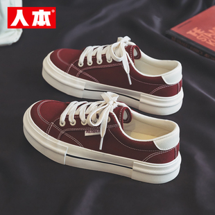 人本红色透气帆布鞋女款2025新款秋季百搭厚底休闲板鞋运动学生鞋