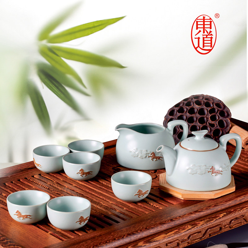 东道汝窑功夫茶具景德镇陶瓷开片茶壶茶杯组 腾飞茶组马年限量版
