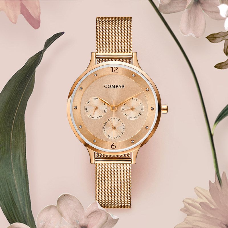 康巴丝女士石英手表全钢带新简约日历星期气质学生网红24小时ins