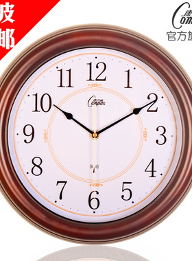 康巴丝欧式复古钟表挂钟客厅卧室静音扫描创意实木田园电波钟