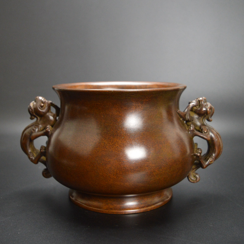 黄铜香炉摆件螭龙耳炉供奉礼佛仿古宣德炉家用室内香道线香炉黄铜