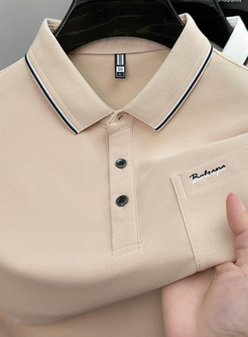 啄木鸟新款男士POLO衫夏季口袋刺绣翻领短袖T恤男中年休闲爸爸装