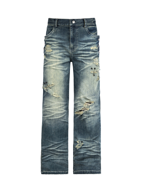 ANTIDOTE 别针侧口袋水洗落色破洞牛仔裤男立体剪裁弯刀直筒长裤