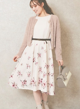 日本LASSE PASSE原单甜美名媛气质款7分袖印花收腰连衣裙