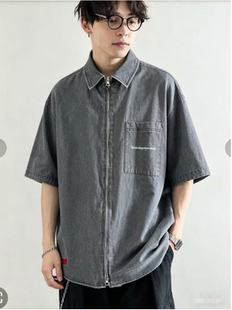 日单RB原单男款夏季新款时尚百搭宽松显瘦短袖牛仔衬衫