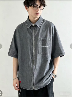 日单RB原单男款夏季新款时尚百搭宽松显瘦短袖牛仔衬衫